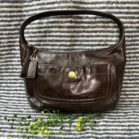 COACH F12886 Dark Brown Patent Leather Zip Top ERGO Hobo Shoulder Bag Purse
